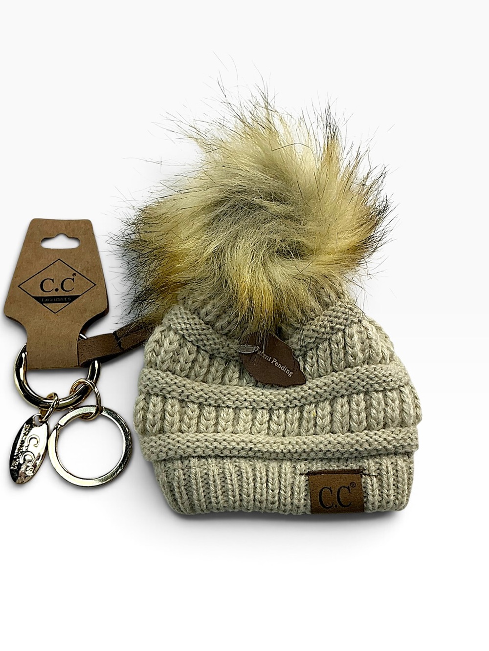 NWT C.C Exclusives Mini Knit Beanie Keychain Bag Charm Tan Ribbed Pom-Pom